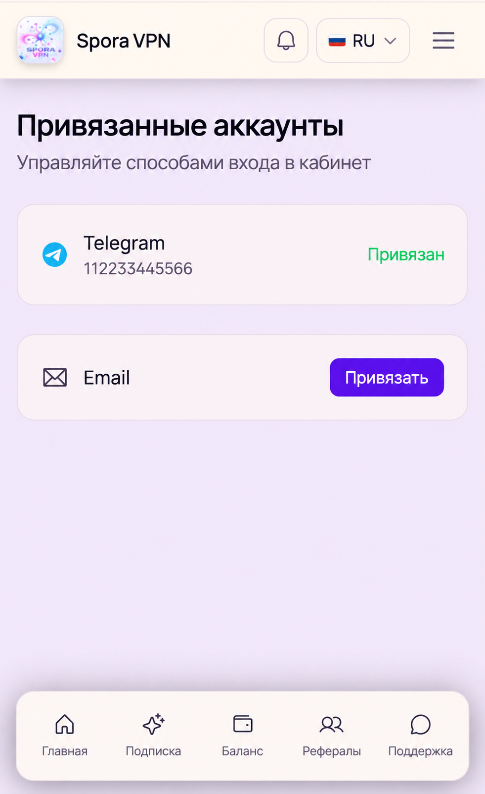 Способы входа Telegram и Email