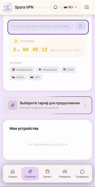 Нижняя часть раздела Подписка: ссылка, срок действия, локации, тариф и устройства